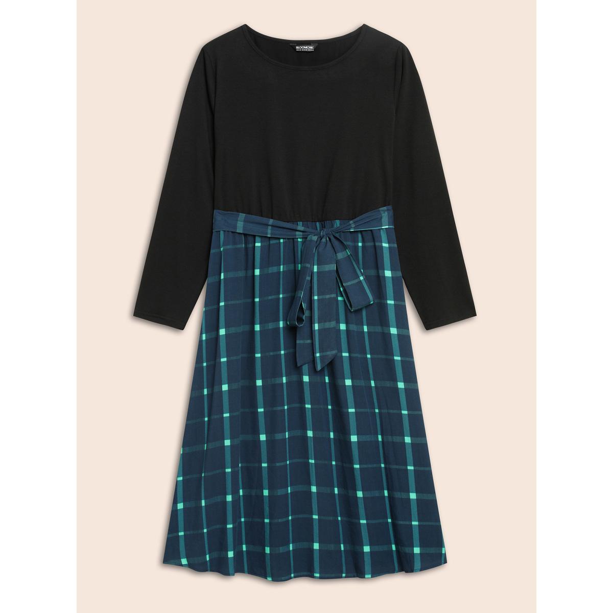 Plus Size Plaid Patchwork Belted Midi Dress Navy Women At the Office Belted Round Neck Long Sleeve Curvy BloomChic 10/M Product Image