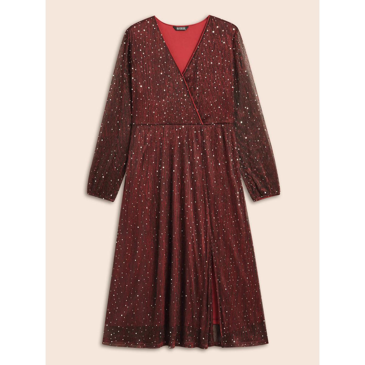 Plus Size Stretchy Gold Foil Surplice Neckline Midi Dress Burgundy Women Cocktail Texture Party Curvy Bloomchic 30/6X Product Image