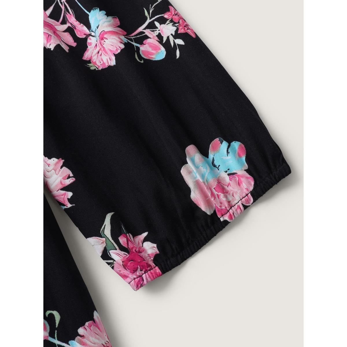 Plus Size Floral Adjustable Bust Drawstring Midi Dress Black Women Heart neckline Elbow-length sleeve Curvy BloomChic 22-24/3X Product Image