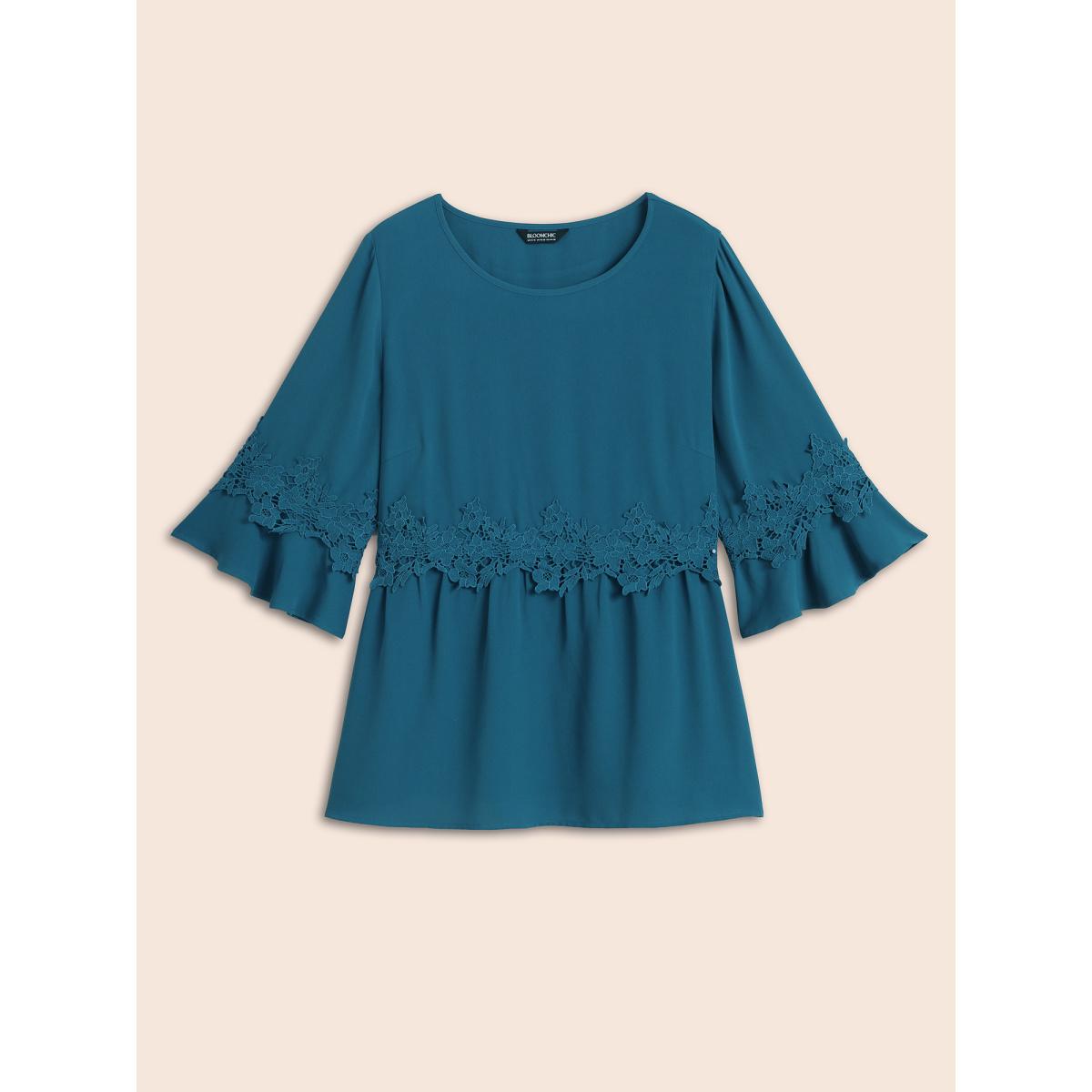 Plus Size Aegean Lace Detail Ruffled Round Neck Blouse Women Timeless Elbow-length sleeve Round Neck Elegant Blouses BloomChic 22-24/3X Product Image