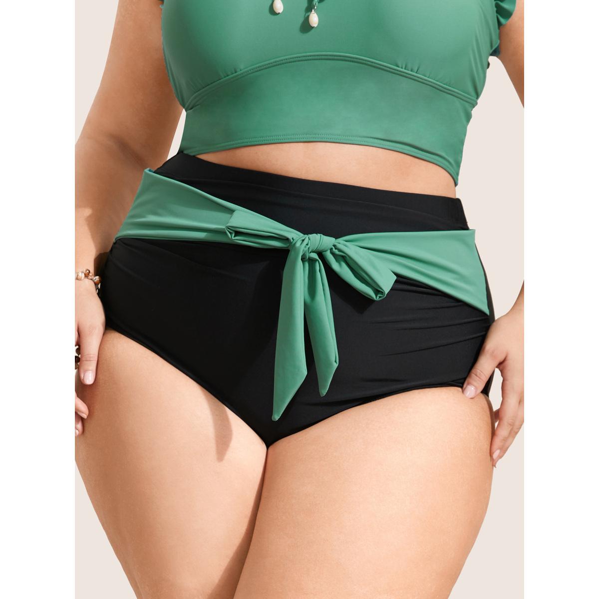 Plus Size Tie Knot Ruched High Rise Swim Bottom Women's Swimwear Black Beach Tie knot High stretch Skinny High Rise Curve Swim Bottoms BloomChic 18-20/2X Product Image