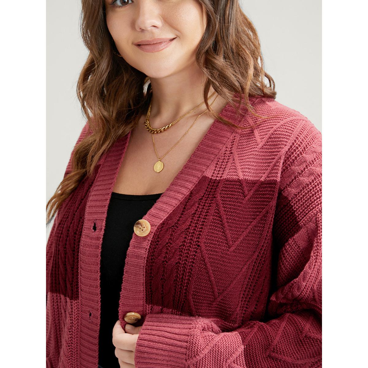 Plus Size Colorblock Contrast Pointelle Knit Pocket Button Front Cardigan Multicolor Women Casual Loose Long Sleeve Dailywear Cardigans BloomChic 10/M Product Image