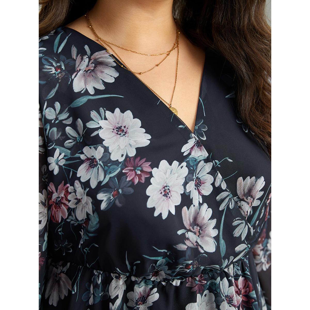 Plus Size Indigo Floral Print Elastic Waist Mesh Wrap Gathered Blouse Women Elegant Long Sleeve V-neck Dailywear Blouses BloomChic 12/L Product Image