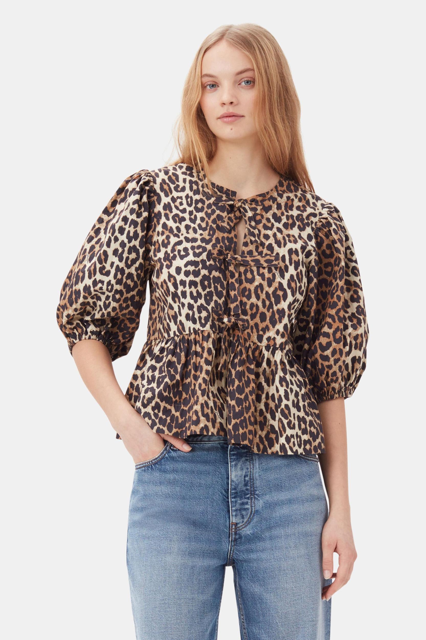 Leopard Cotton Poplin Peplum Tie Blouse Product Image
