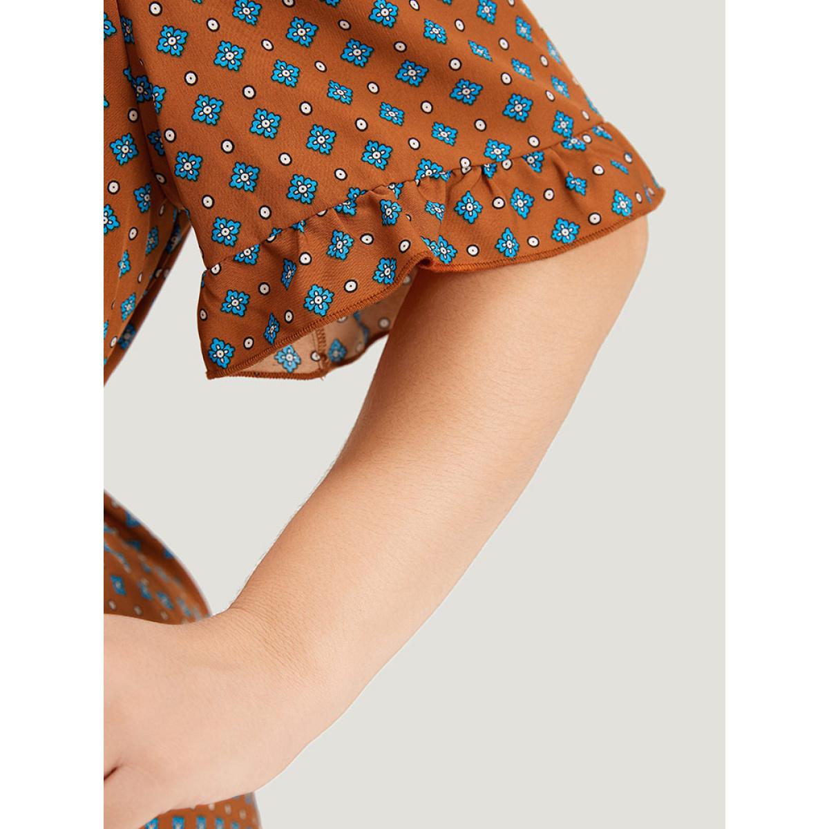 Plus Size Bandana Print Flutter Trim Pocket Belted Dress Chocolate Women Vacation Belted Round Neck Short sleeve Curvy Midi Dress BloomChic 14-16/1X Product Image