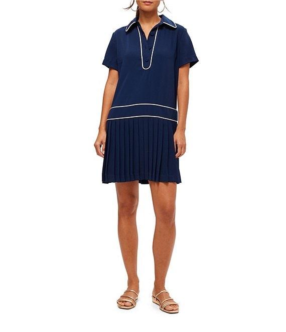 Trina Turk Racquet Georgette Point Collar Short Sleeve Pleated Dress Product Image
