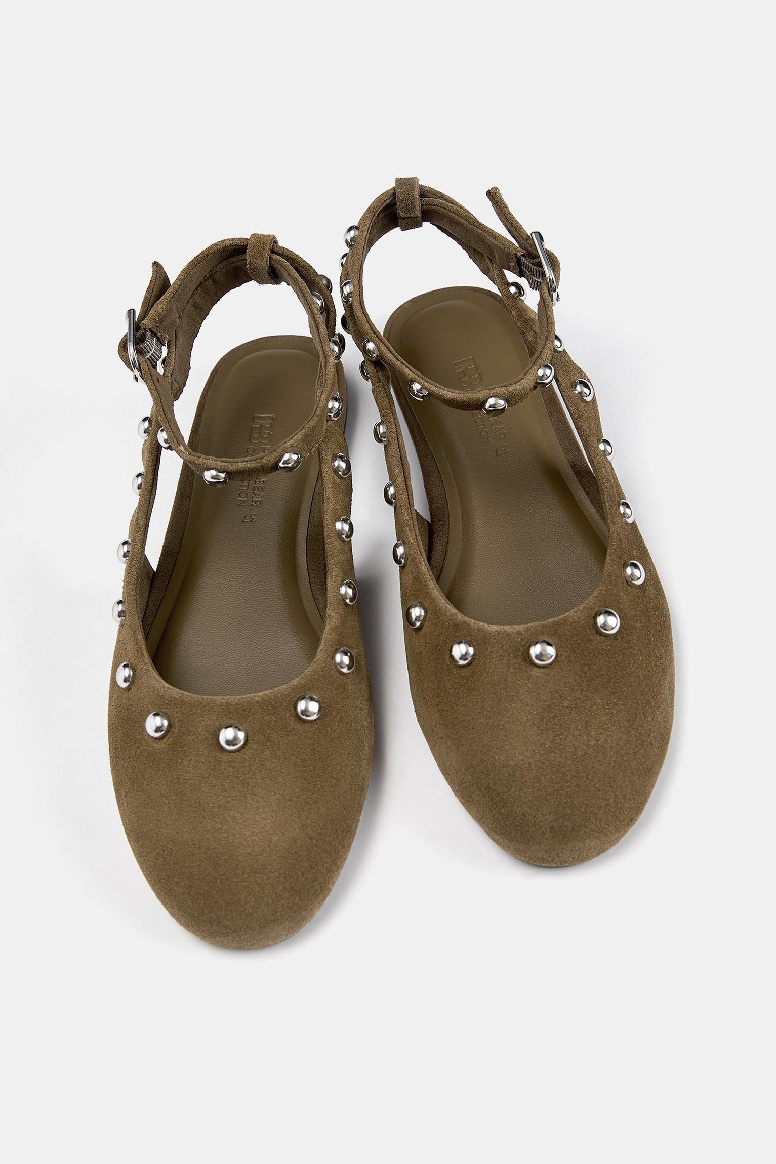 Studded leather ballerinas with ankle strap Product Image