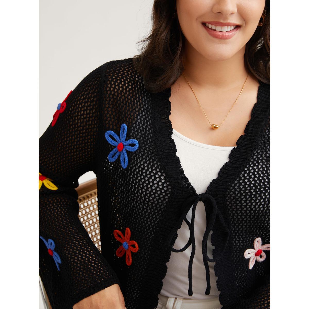 Plus Size Knit Floral Front Tie Cardigan Black Women Playful Loose Long Sleeve Casual Cardigans BloomChic 14-16/1X Product Image