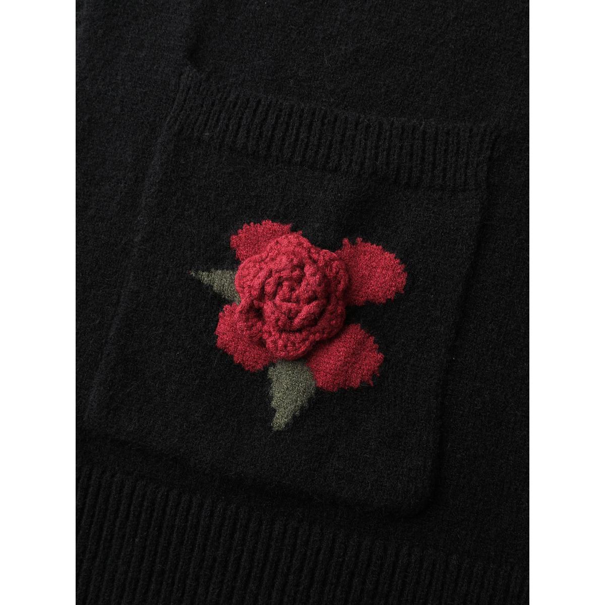 Plus Size 3D Floral Pattern Pockets Knit Cardigan Black Women Leisure Loose Long Sleeve Casual Cardigans BloomChic 12/L Product Image