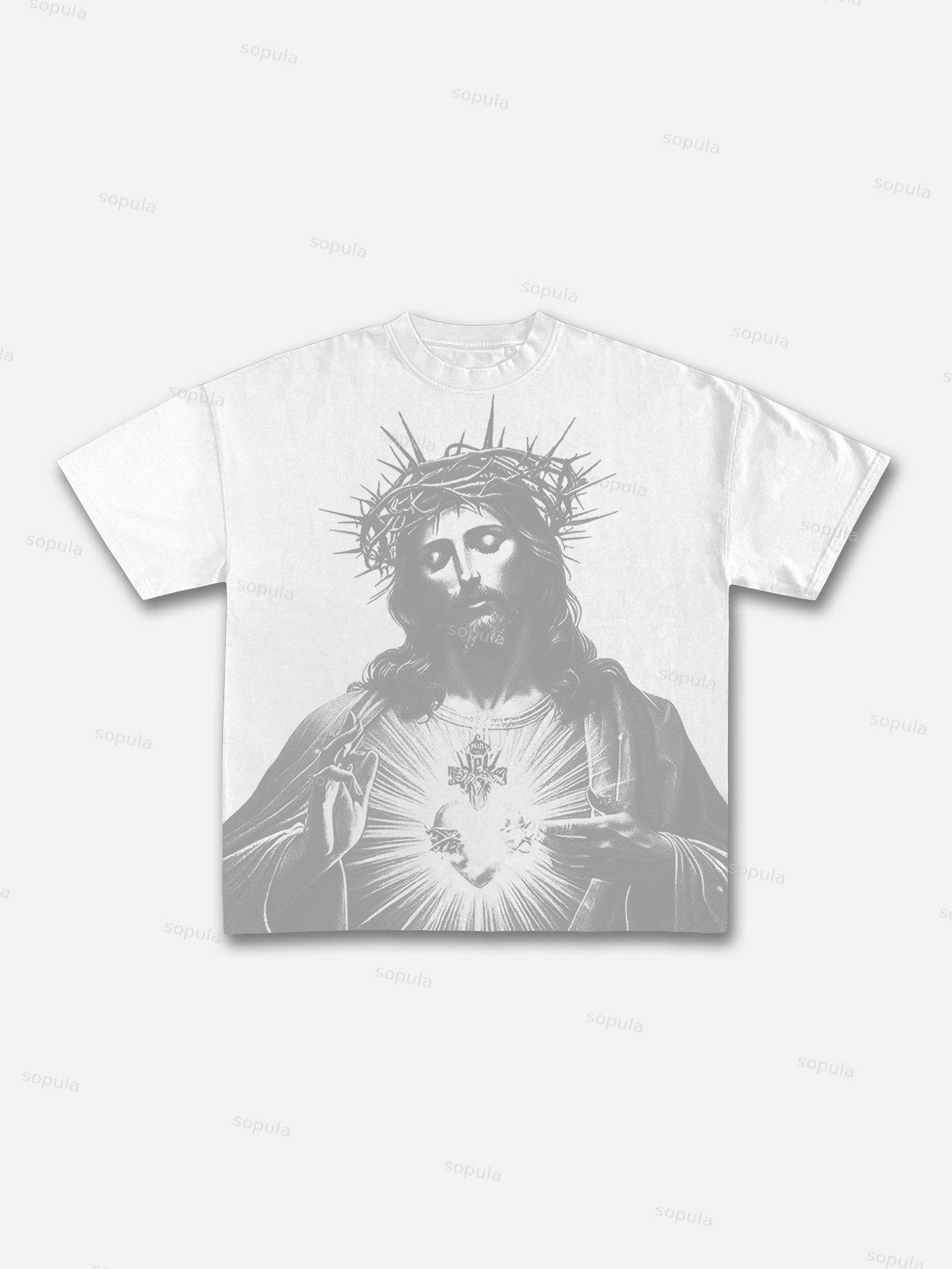 Vintage Jesus Print Round Neck Cotton T-Shirt Product Image