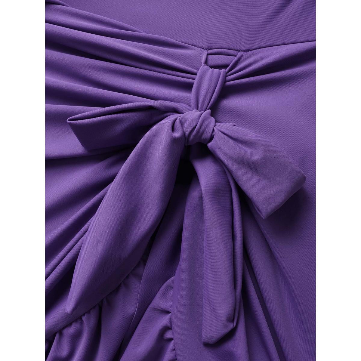 Plus Size V Neck Solid Tie Knot Ruffles Swim Dress Women's Swimwear Mauve Beach Bodycon Overlap Collar High stretch Curve Swim Dresses BloomChic 18-20/2X Product Image