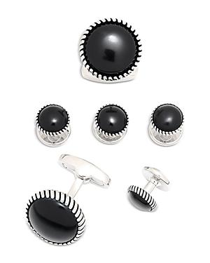 Link Up Onyx Inlay Rhodium Plated Round Stud & Cufflink Set Product Image