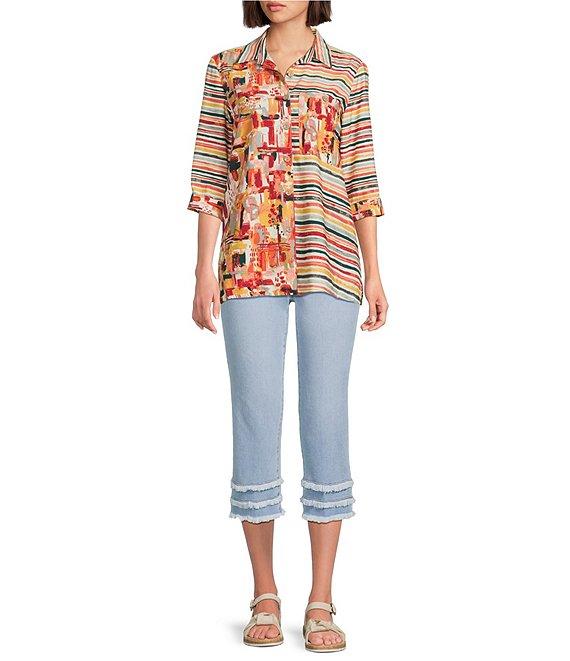 Multiples Petite Size Woven Multi Print Point Collar 3/4 Sleeve Button Front Fitted Shirt Product Image