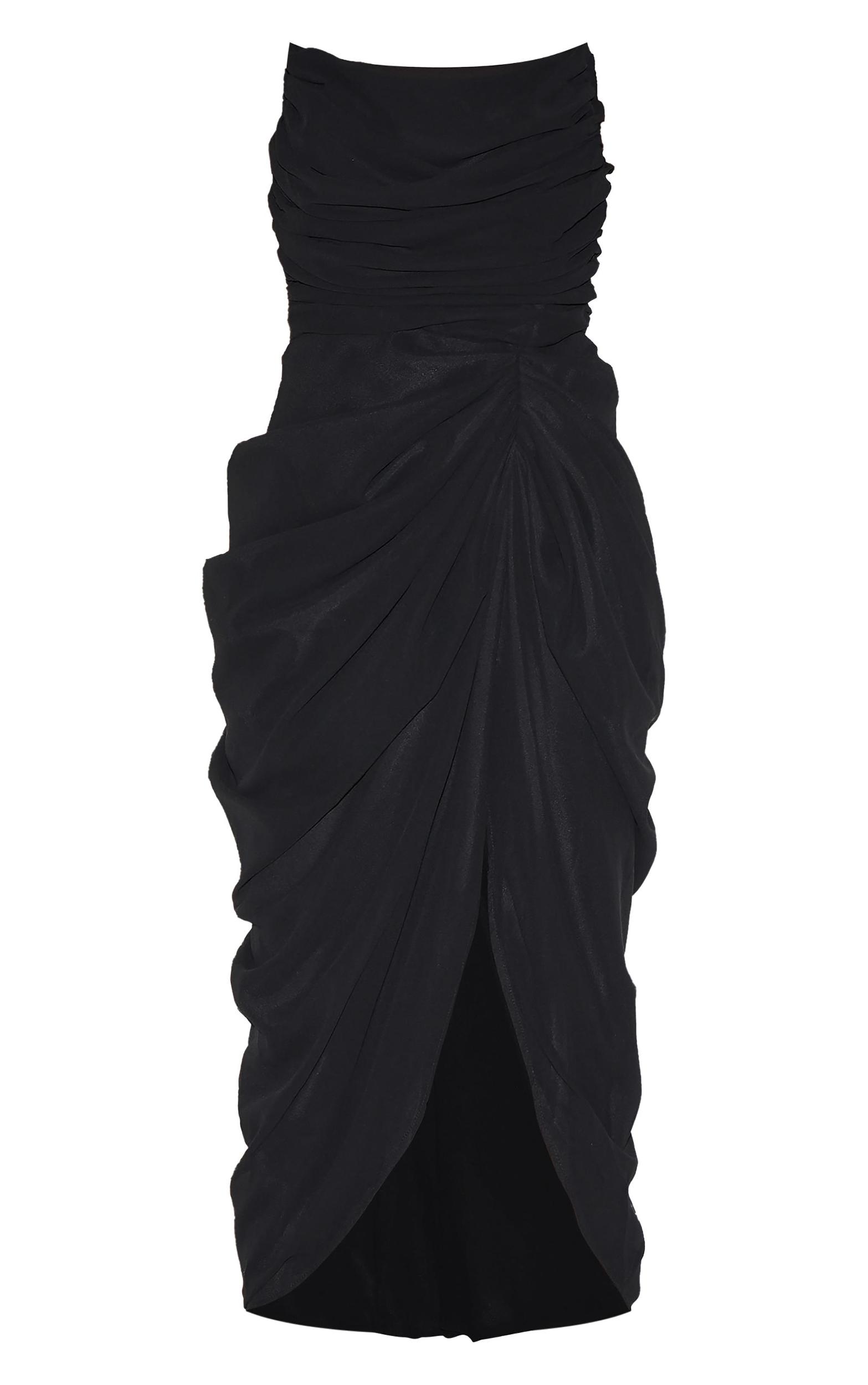 Black Chiffon Corset Bandeau Draped Midi Dress Product Image