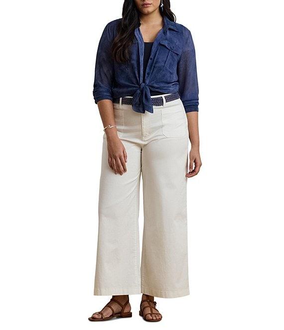 Lauren Ralph Lauren Plus Size Sheer Chiffon Cerulean Print Point Collar Long Sleeve Shirt Product Image