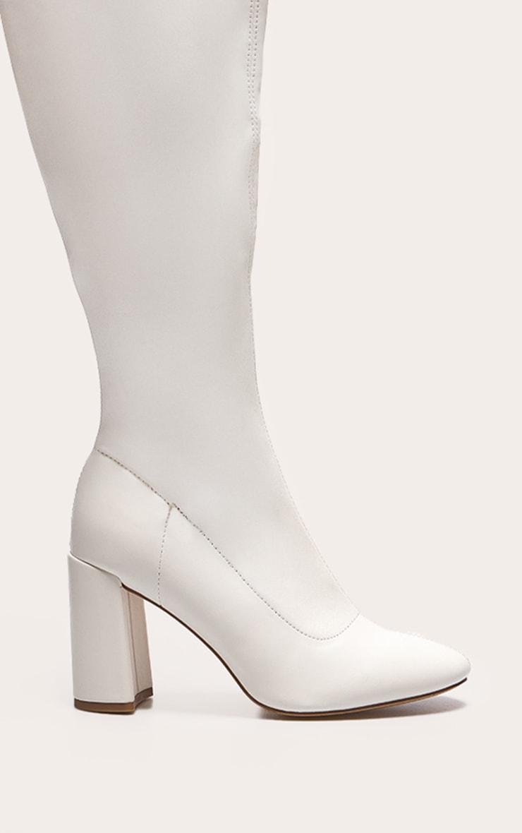 Cream PU Wide Fit Round Toe Knee High Block Heeled Sock Boots Product Image