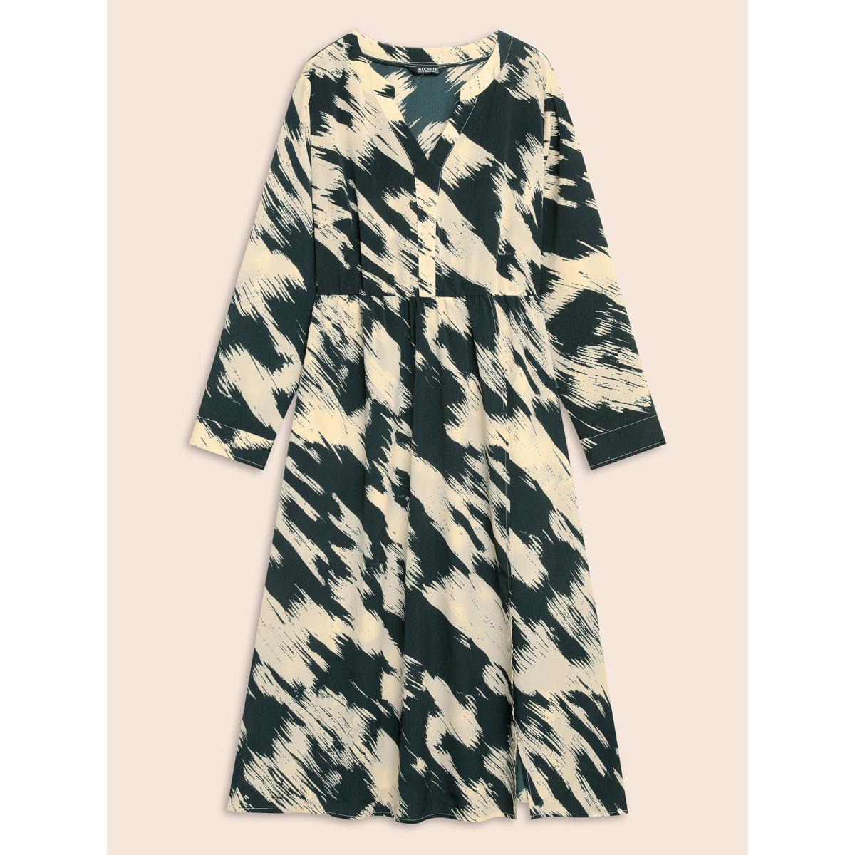 Plus Size Brush Print Notched Collar Midi Dress DarkSlateGray Women At the Office Contrast Notched collar Long Sleeve Curvy BloomChic 12/L Product Image