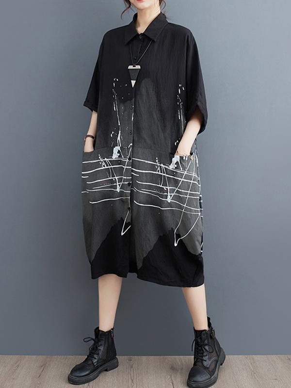 Half Sleeves Loose Printed Lapel Midi Dresses Product Image