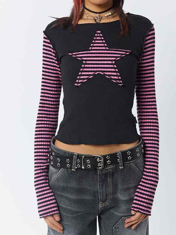 Stripe Star Print Patchwork Slim Long Sleeve Tee Product Image