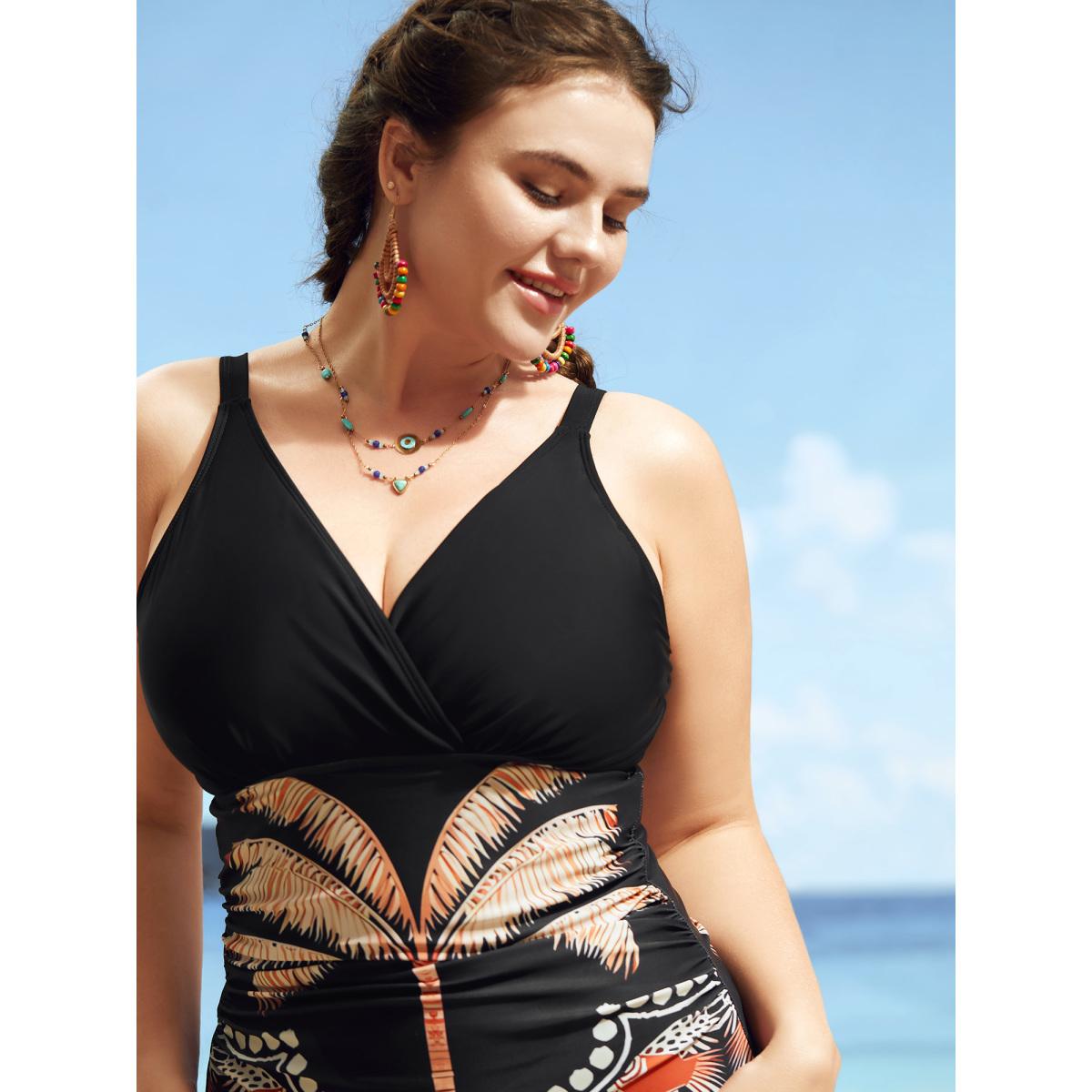 Plus Size Overlap Collar Tropical Print Gathered One Piece Swimsuit Women's Swimwear Black Beach Gathered Curve Bathing Suits High stretch One Pieces BloomChic 12/L Product Image