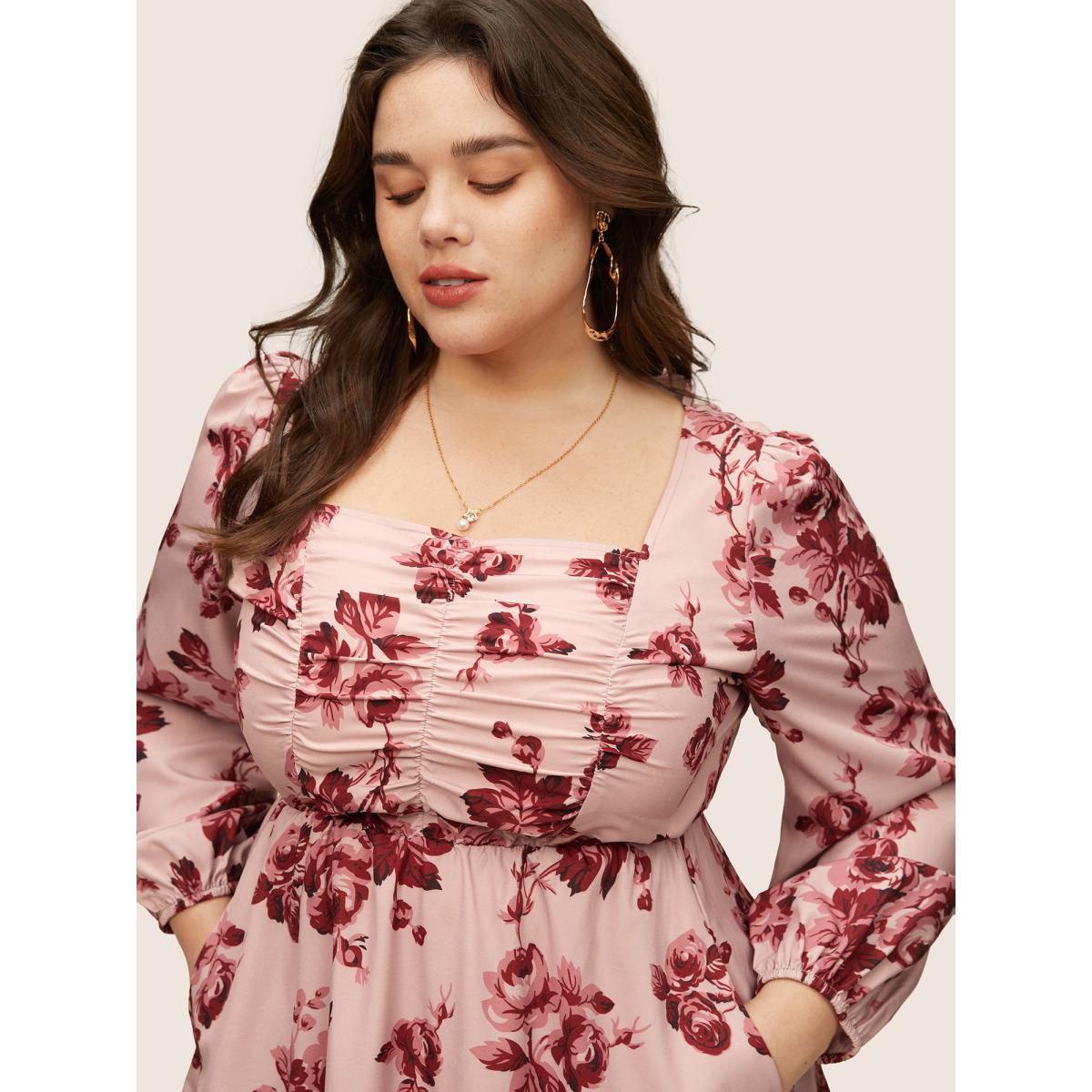 Plus Size Floral Ruched Square Neck Lantern Sleeve Dress DustyPink Women Elegant Non Square Neck Long Sleeve Curvy Midi Dress BloomChic 12/L Product Image