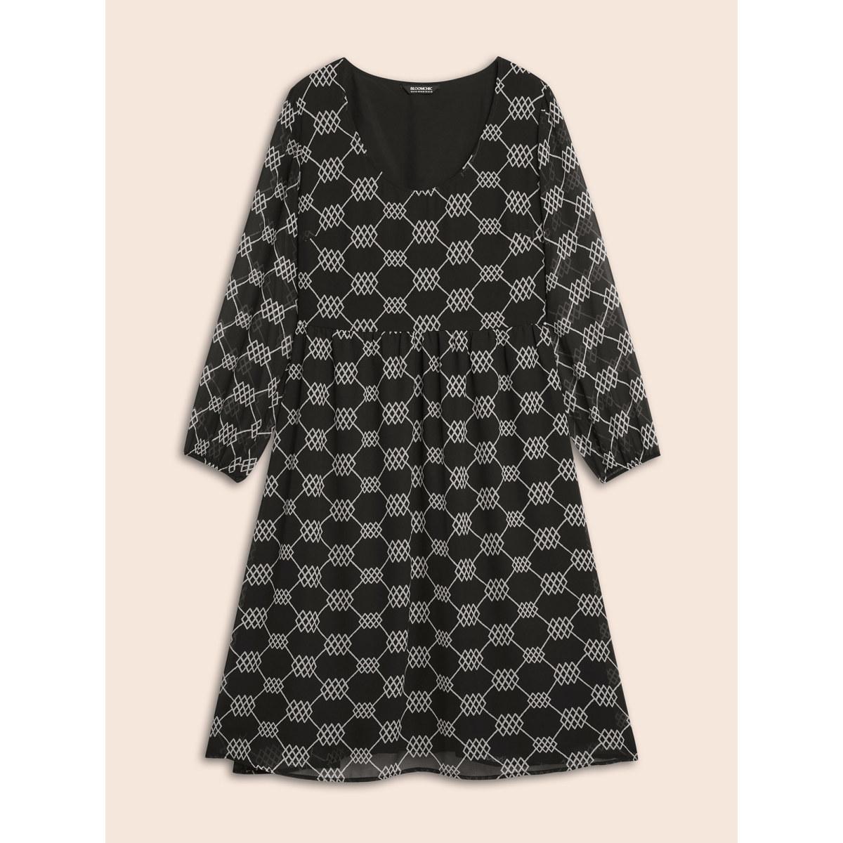 Plus Size U Neck Geometric Mesh Dress BlackFlower Women At the Office See through U-neck Long Sleeve Curvy BloomChic 26/4X Product Image