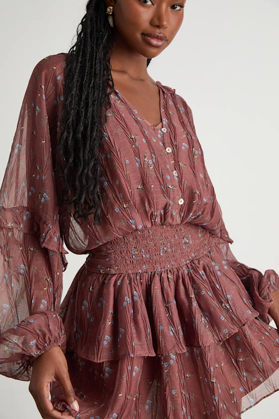 Christy Rust Floral Button-Front Long Sleeve Mini Dress Product Image