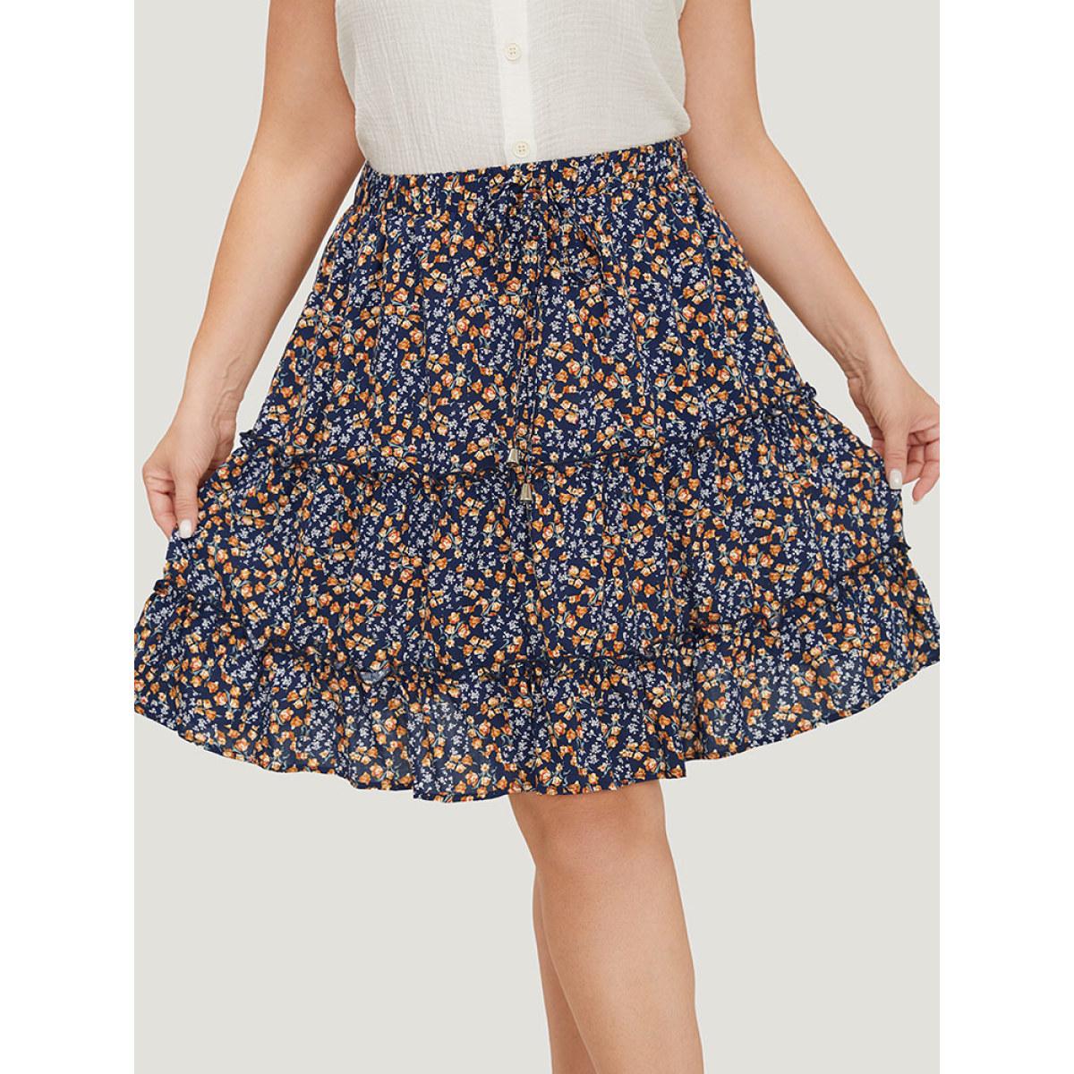 Plus Size Ditsy Floral Ruffle Hem Pocket Frill Trim Skirt Women Indigo Elegant Printed No stretch Dailywear Skirts BloomChic 26/4X Product Image