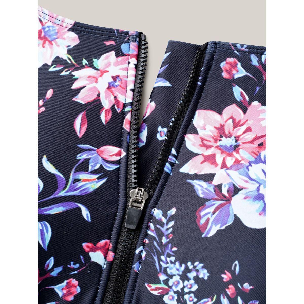 Plus Size Glide-Lock Zipper Floral Ruched One-Piece Swimsuit Women's Swimwear Black Beach Gathered Curve Bathing Suits High stretch One Pieces BloomChic 14-16/1X Product Image