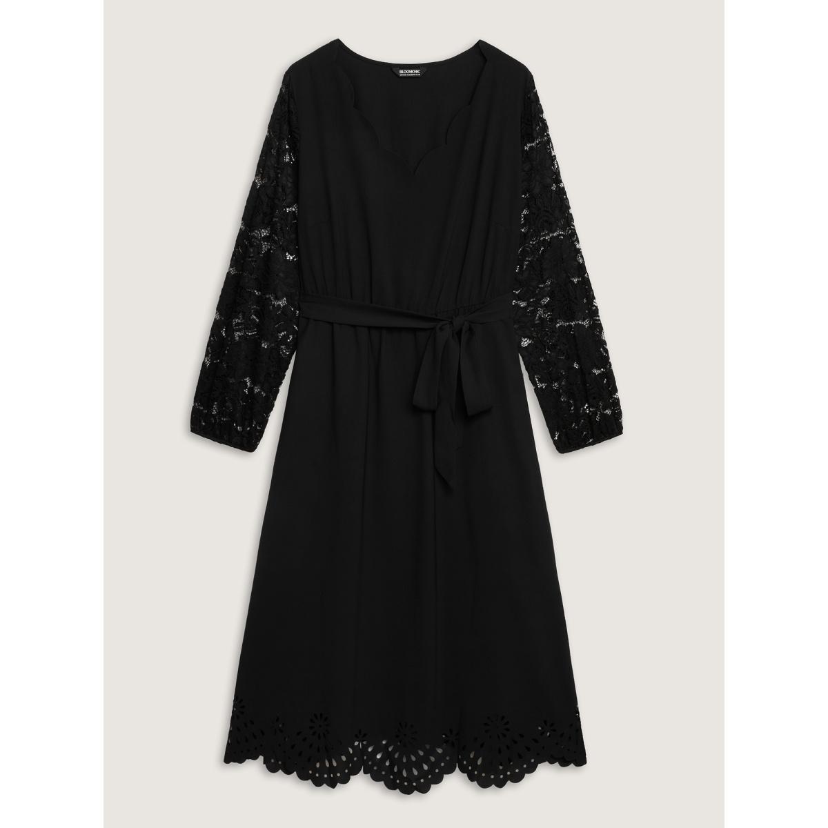 Plus Size Sheer Floral Embroidered Scalloped Neck Midi Dress Black Women Romantic See through V-neck Extra Long Sleeve Curvy BloomChic 14-16/1X Product Image