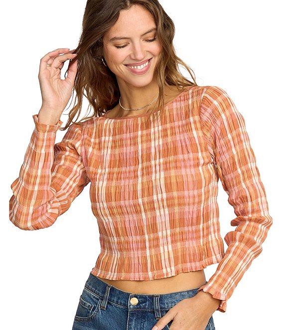 Billabong Check Me Out Yarn-Dyed Plaid Checked Long Sleeve Textured Knit Top Product Image