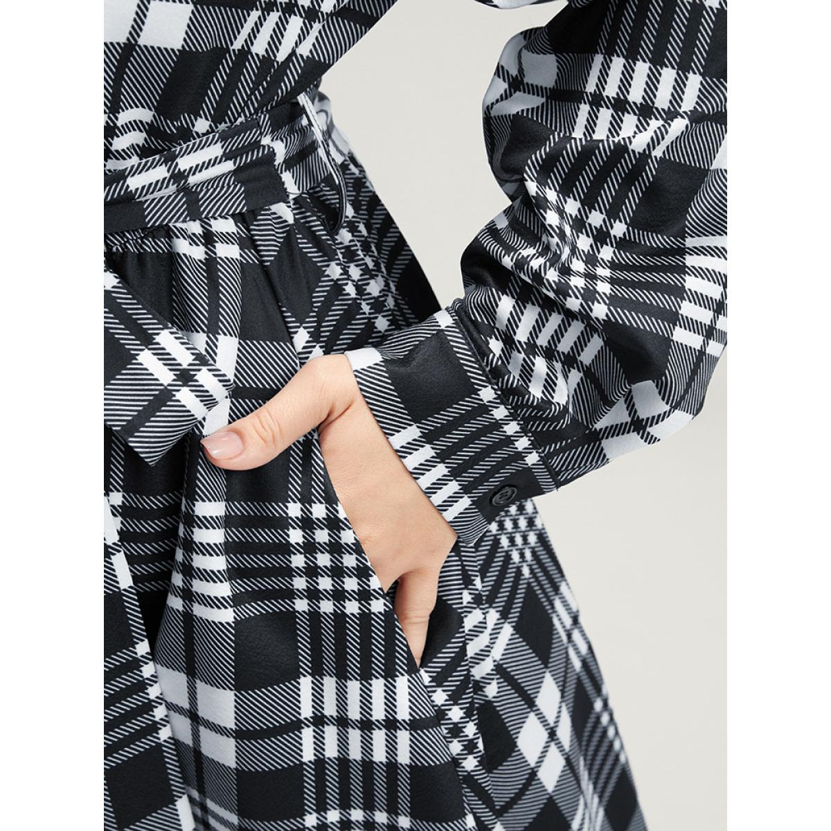 Plus Size Plaid Surplice Neck Lantern Sleeve Pocket Belt Midi Dress Black Women At the Office Elastic Waist V-neck Long Sleeve Curvy Midi Dress BloomChic 12/L Product Image