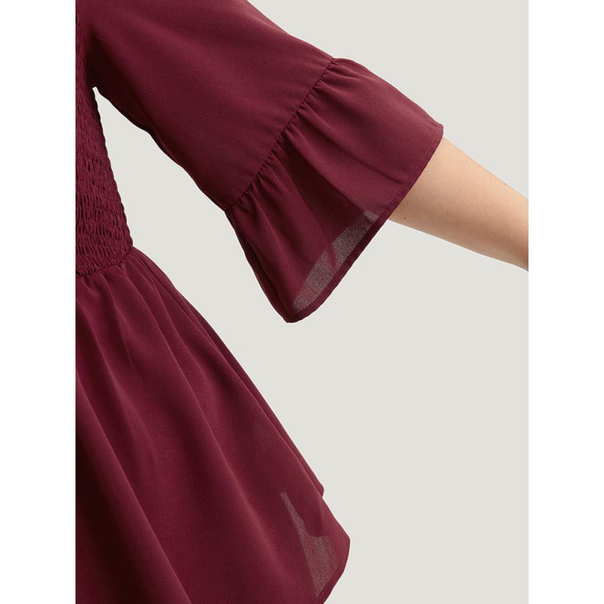 Plus Size Scarlet Plain Shirred Patchwork Ruffle Trim V Neck Blouse Women Elegant Half Sleeve V-neck Dailywear Blouses BloomChic 22-24/3X Product Image
