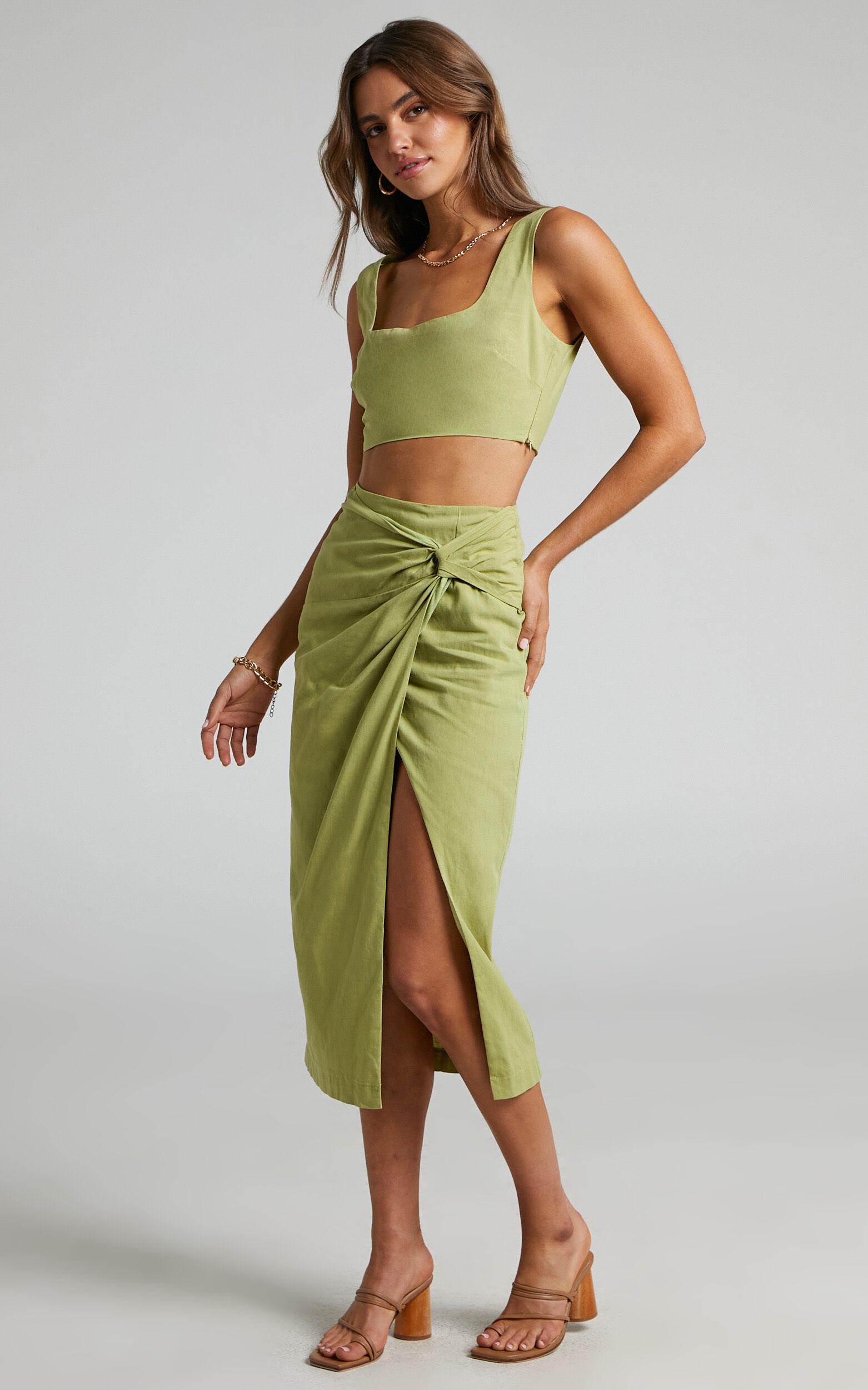 Gibson Two Piece Top and Skirt Set - Linen Crop Top and Knot Front Midi Skirt Set in Celery Product Image