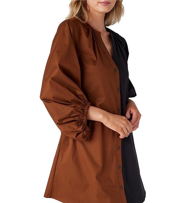 CROSBY by Mollie Burch Liv Color Block Split Round Neck 3/4 Sleeve Button Front Mini Shirt Dress Product Image