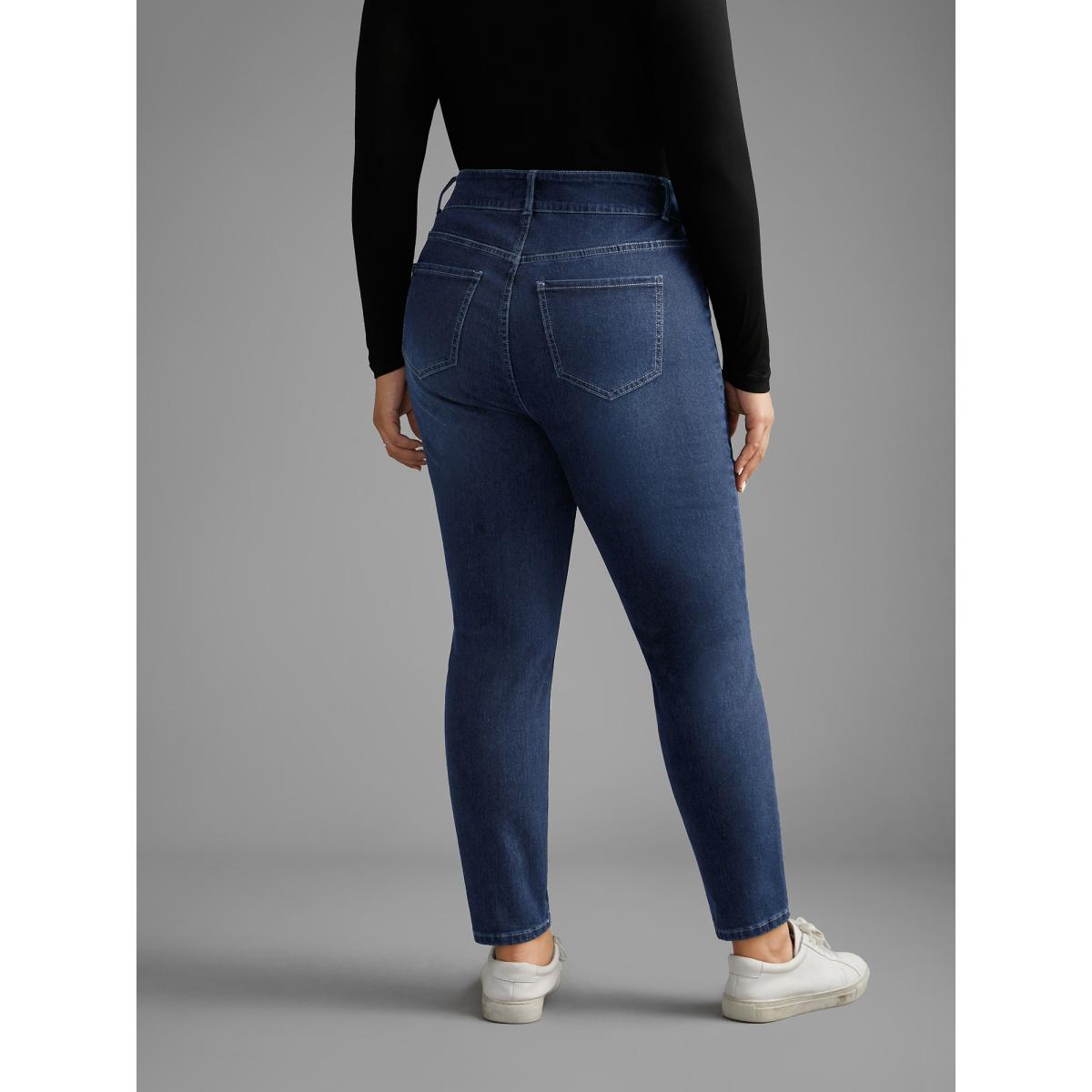 Plus Size Dark Wash Button Up Skinny Jeans Women Denimblue Casual Button Medium stretch Slanted pocket Jeans BloomChic 16/1X Product Image