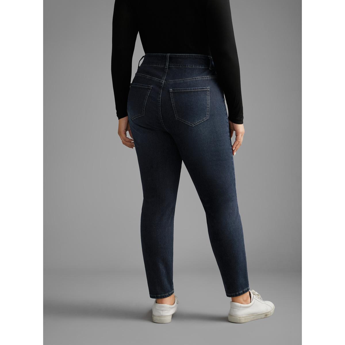 Plus Size Dark Wash Button Up Skinny Jeans Women Darkindigo Casual Button Medium stretch Slanted pocket Jeans BloomChic 20/2X Product Image