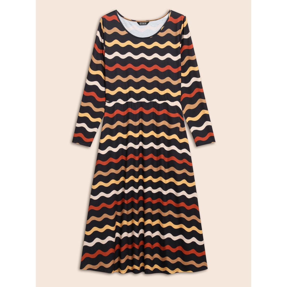 Plus Size Round Neck Contrast Striped Midi Dress BlackFlower Women Elegant Contrast Round Neck Long Sleeve Curvy BloomChic 30/6X Product Image