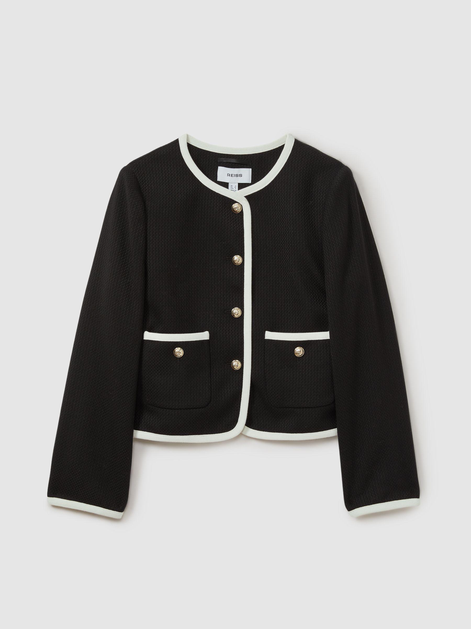 Wool Blend Contrast Trim Jacket in Black Product Image