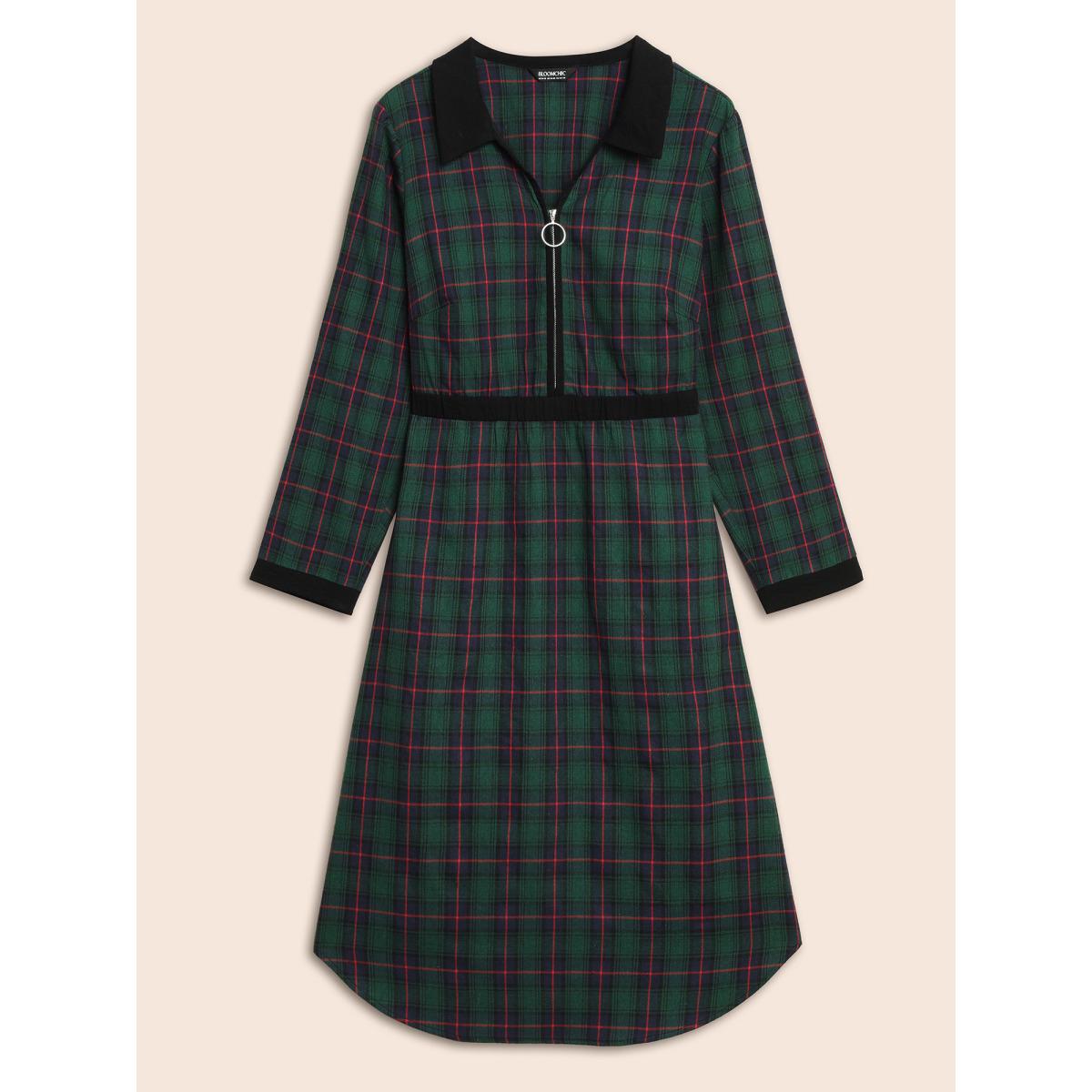 Plus Size Contrast Plaid O Ring Zipper Dress Emerald Women Office Contrast Shirt collar Long Sleeve Curvy BloomChic 22-24/3X Product Image