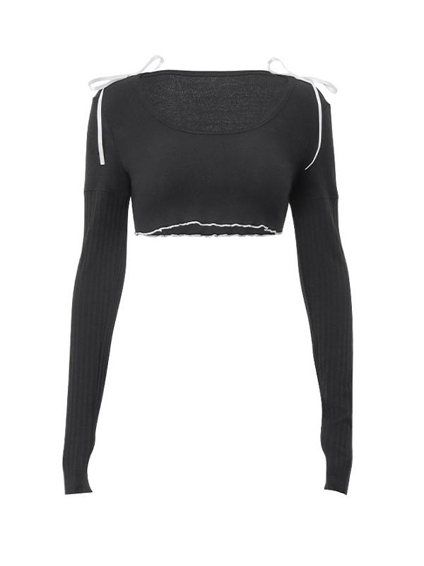 Square Neck Bow Decor Ultra Short Cropped Long Sleeve Knit Product Image