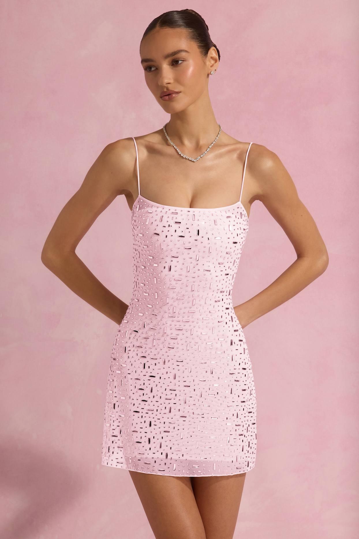 Sheer Embellished Square-Neck Mini Dress in Pink Product Image