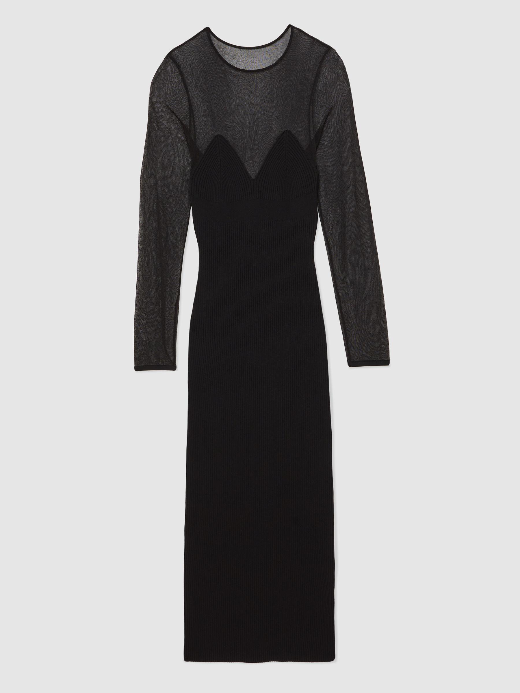 Mesh Rib-Knit Sweetheart Midi Dress in Black Product Image