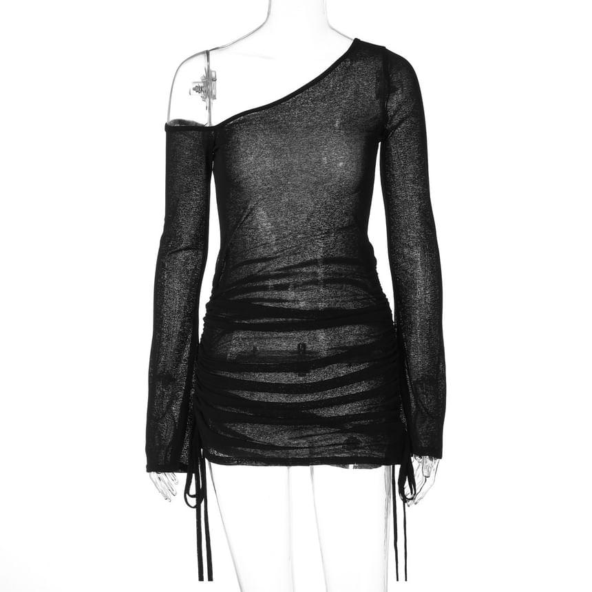 Long Sleeve One Shoulder Plain Drawstring Mini Sheath Dress Product Image