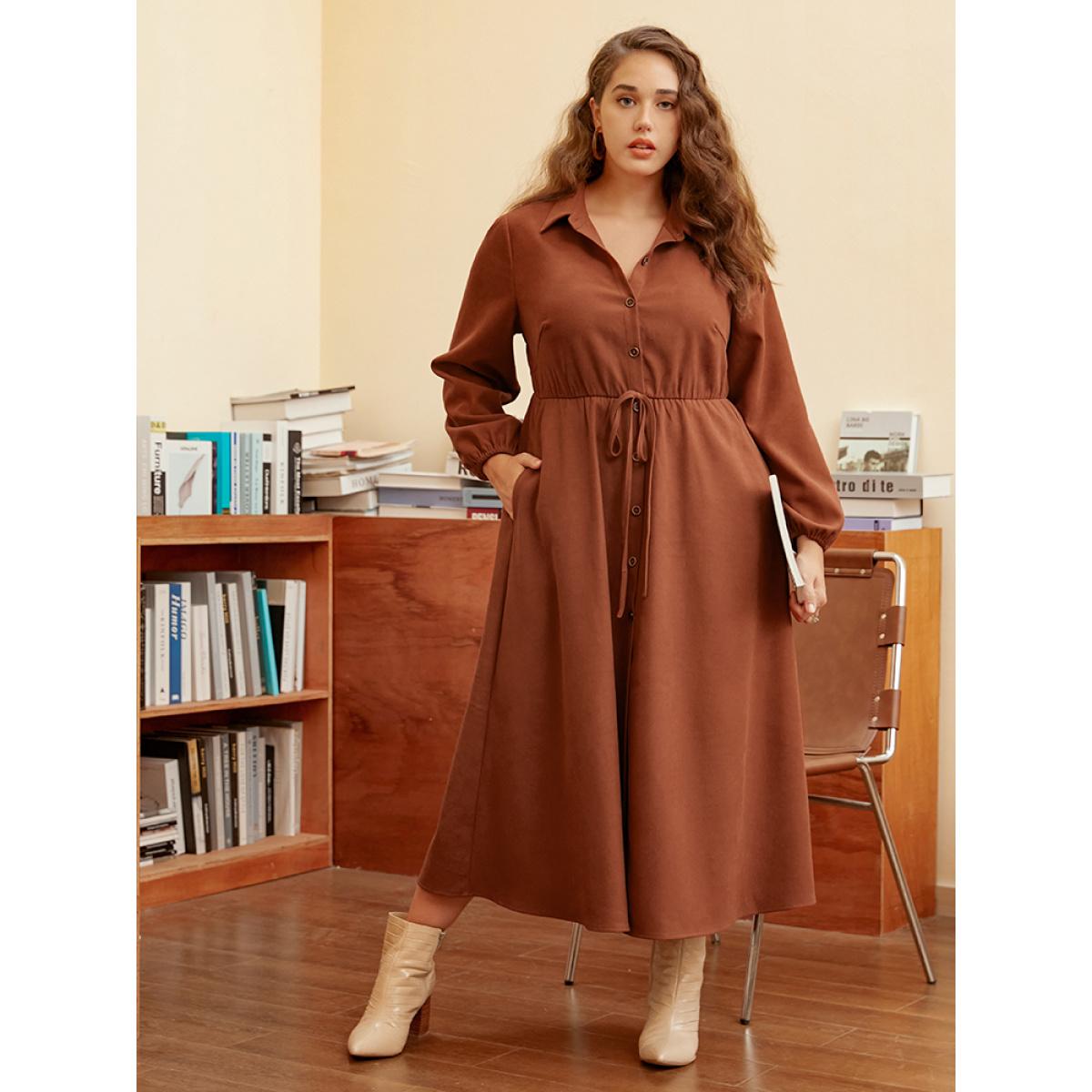 Plus Size Solid Tie Up Shirt Collar Pocket Button Detail Corduroy Dress Chocolate Women Office Button Shirt collar Long Sleeve Curvy Midi Dress BloomChic 10/M Product Image