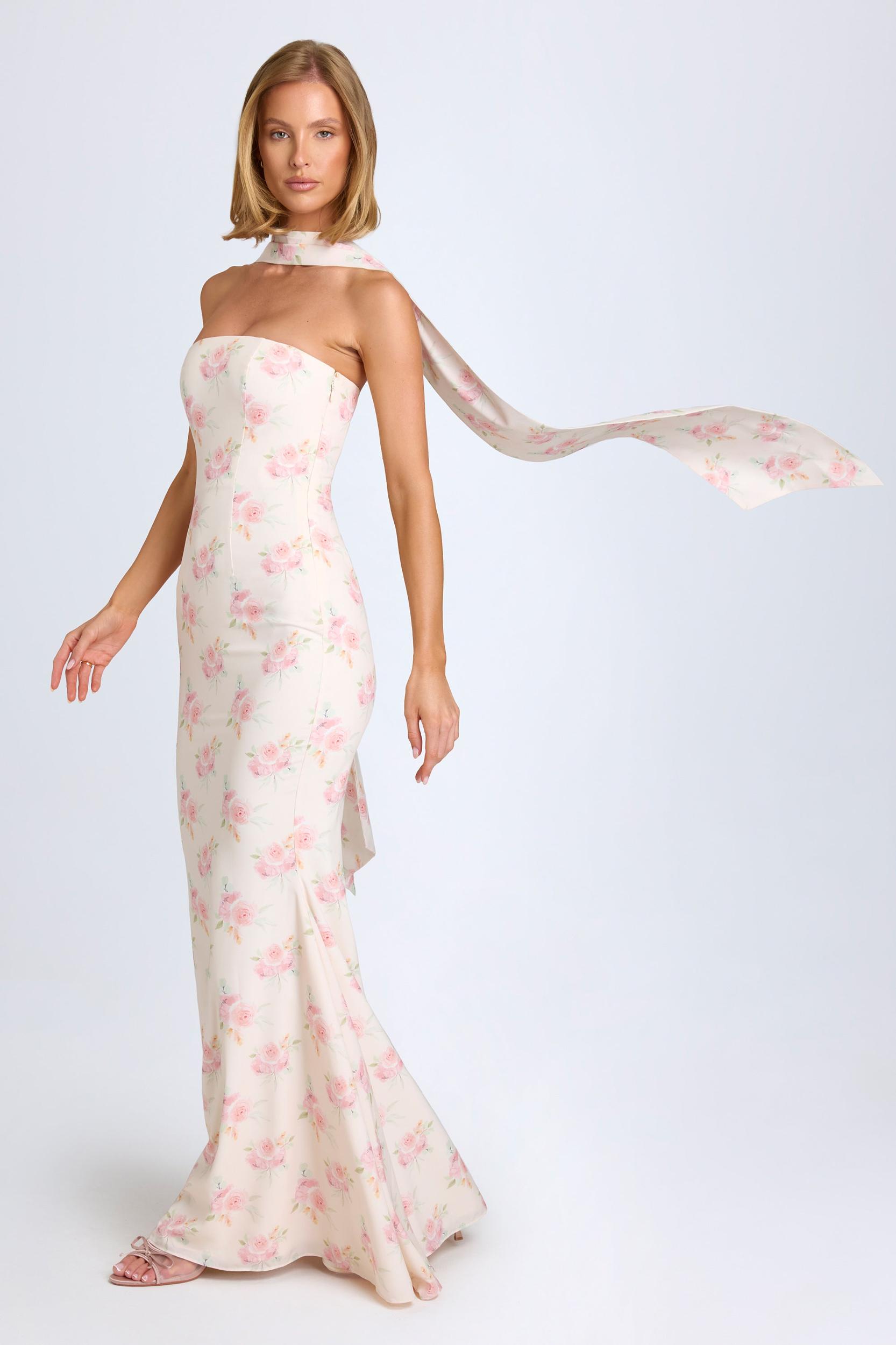 Scarf-Detail Strapless Gown in Large Rose Print Product Image