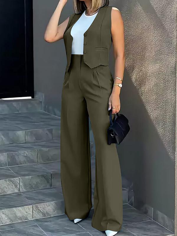 Solid Color Split-Joint Sleeveless Vest Jacket + High Waisted Pleated Suit Pants Trousers Two Pieces Set Product Image
