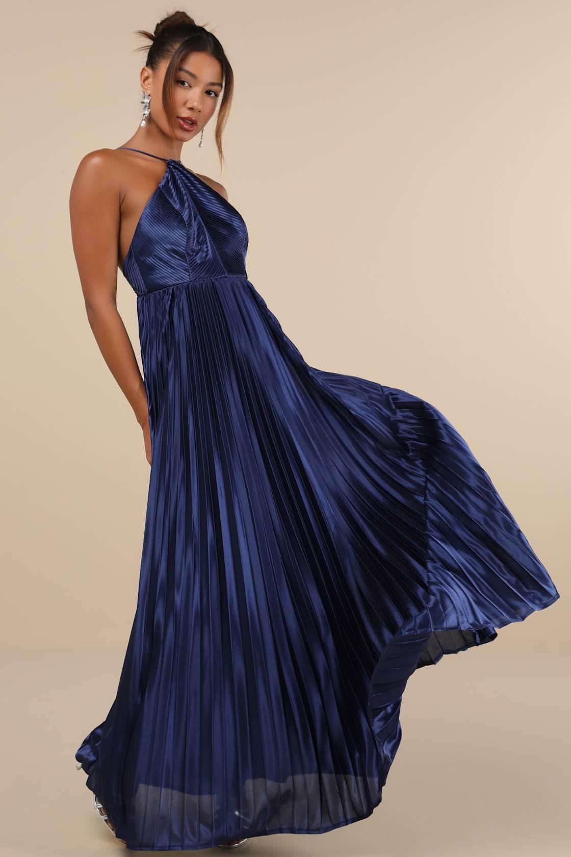 Elaborate Charm Navy Blue Satin Pleated Backless Maxi Dress Product Image