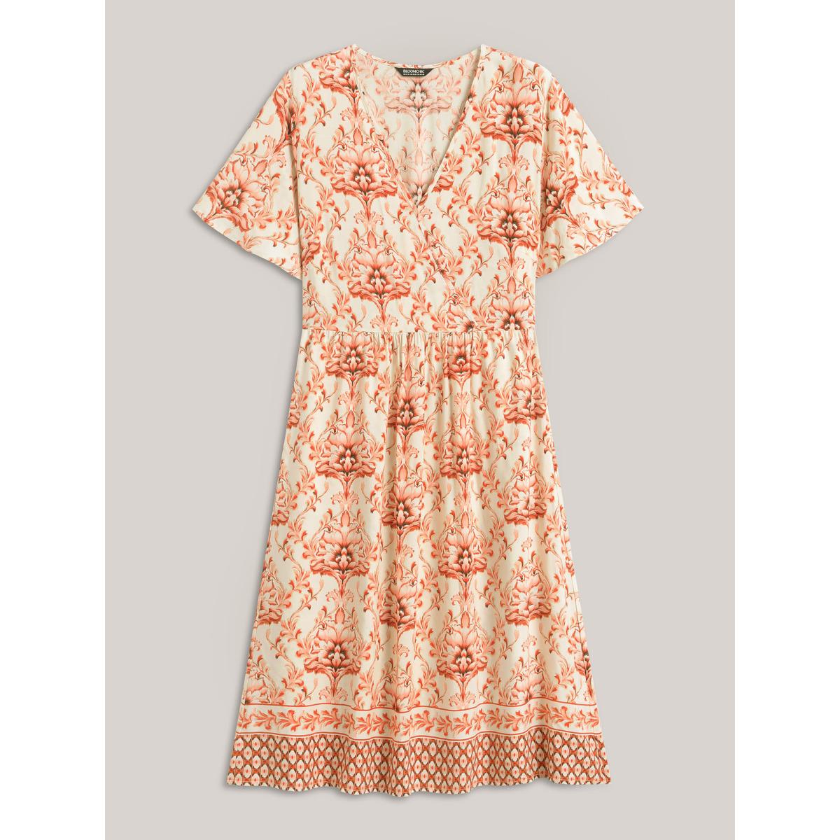 Plus Size Boho Floral Print Pockets Midi Dress Brightorange Women Overlap Collar Short sleeve Curvy BloomChic 22-24/3X Product Image