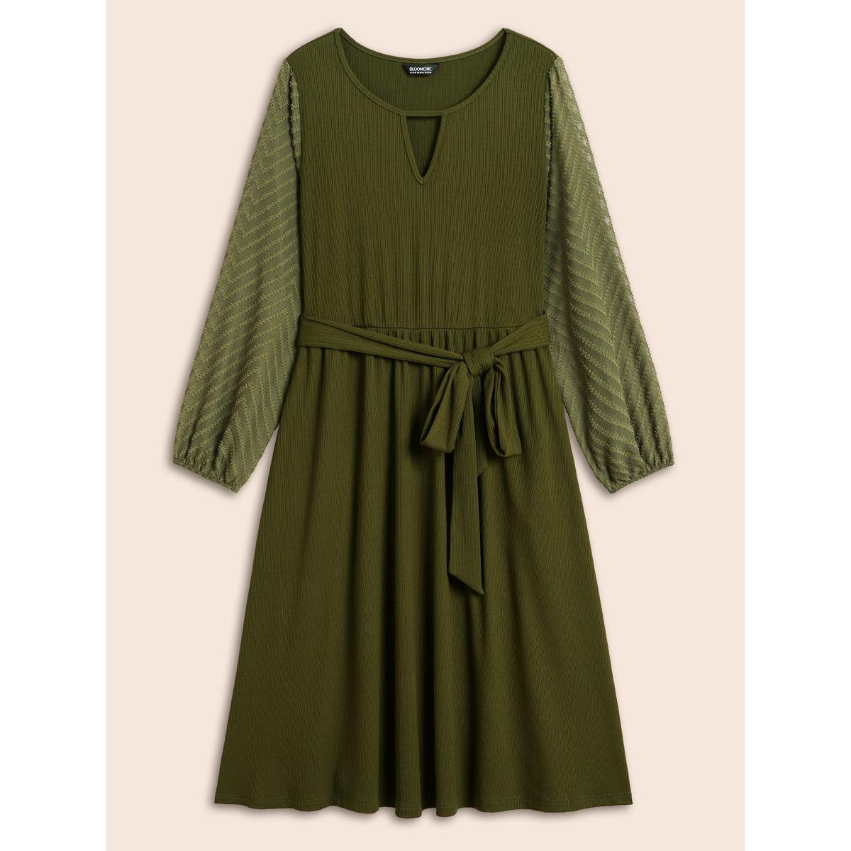 Plus Size Textured Patchwork Keyhole Belted Dress Moss Women Elegant Texture Round Neck Long Sleeve Curvy BloomChic 10/M Product Image